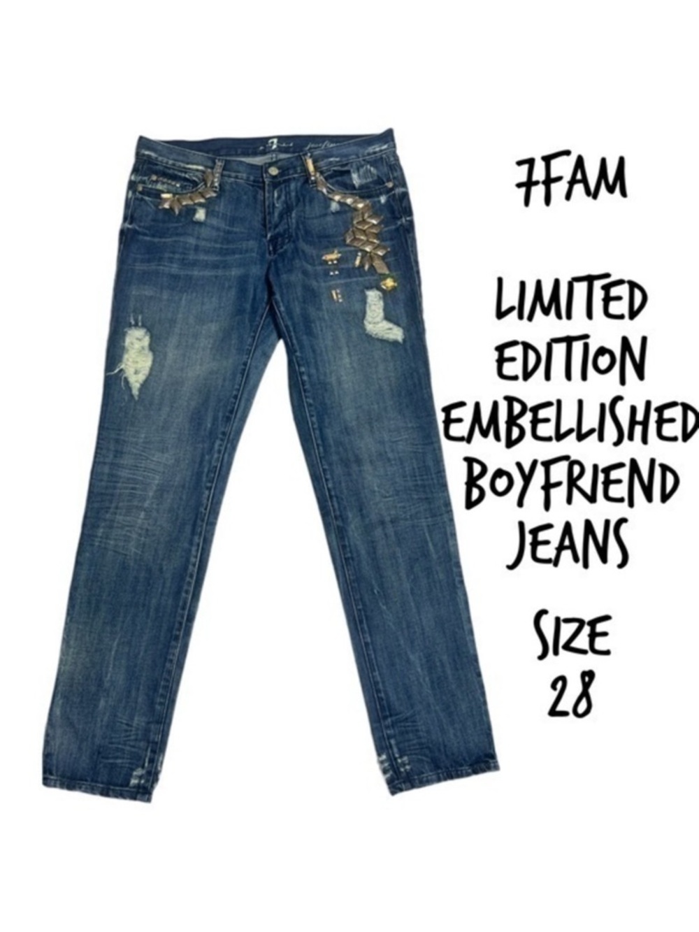 7fam Josefina boyfriend fit limited edition jewel embellished jeans size 28
